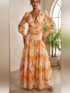 New Gingham & Heels Printed Tieres Maxi Dress Size 12 US